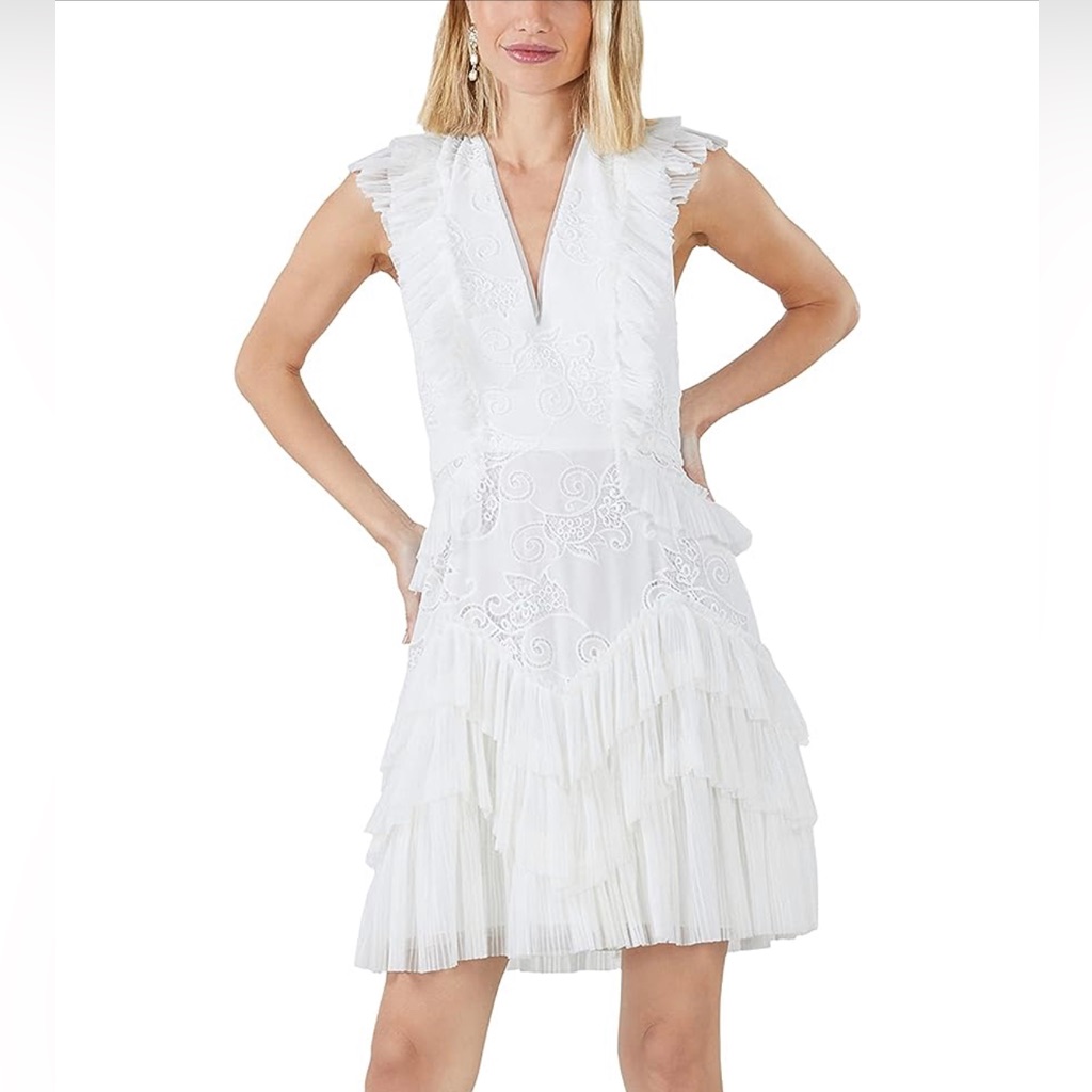 Bcbgmaxazria Women's Fit And Flare Tulle V Neck Flutter Strap Mini Evening Dress